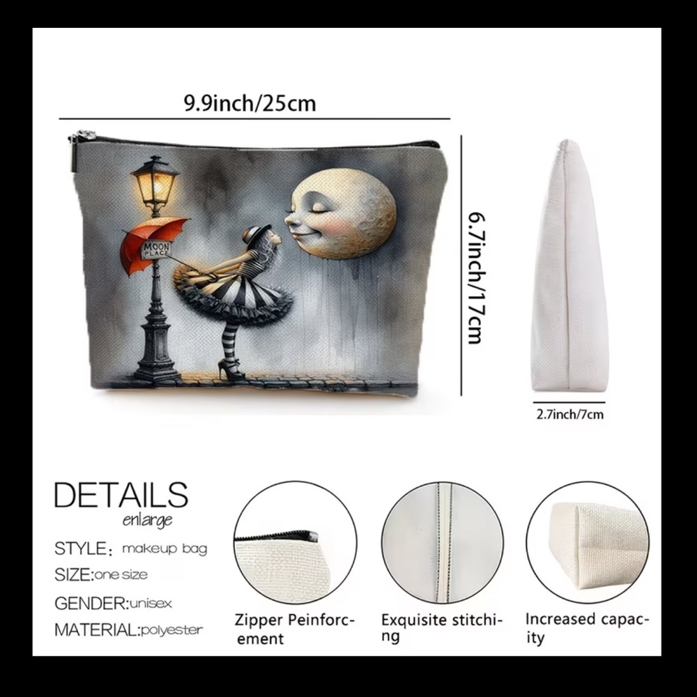Whimsical Moonlit Girl Cosmetic Pouch - Gray & Black with Red Accent - Picture 4 of 5
